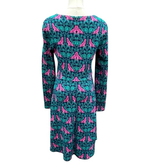Boden Annie Jacquard A-Line Long Sleeve Teal and Pink Bird Print Dress Size 6R - Picture 9 of 16